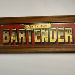 Framed mancave Glass vintage style sign with 1st Class Bartender text 15" x 6"